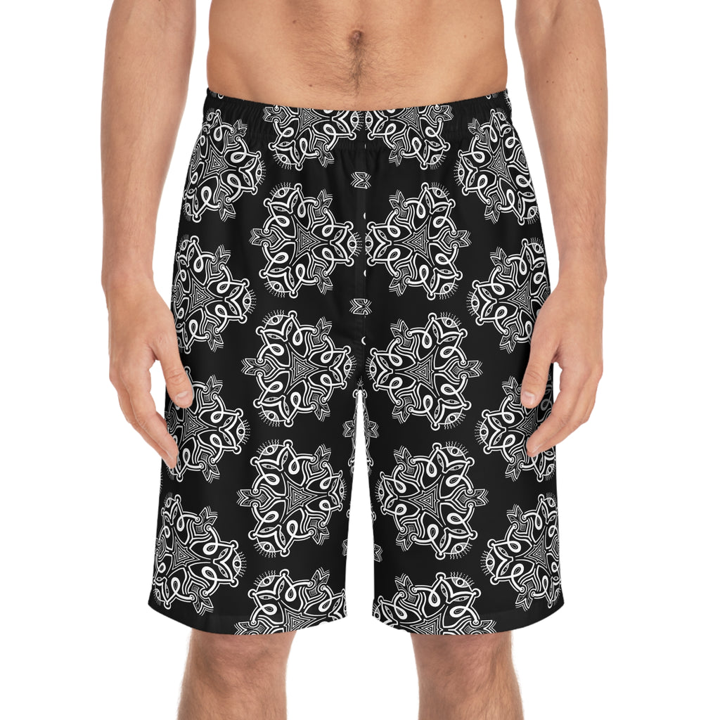 Black Bandana Print Board Shorts — Men's Surf & Swim Trunks #s124521