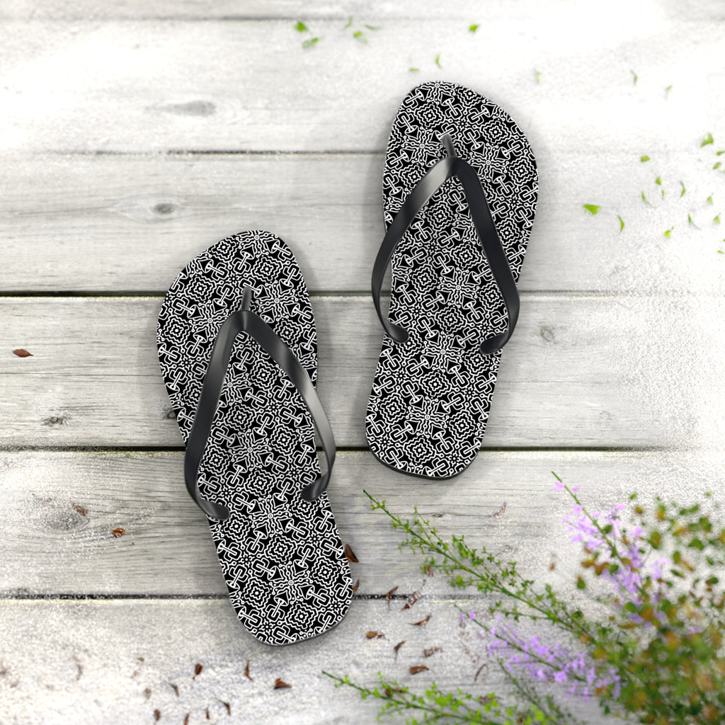 Monochrome Geometric Flip Flops — Black & White Aztec Pattern Beach Sandals #d98646