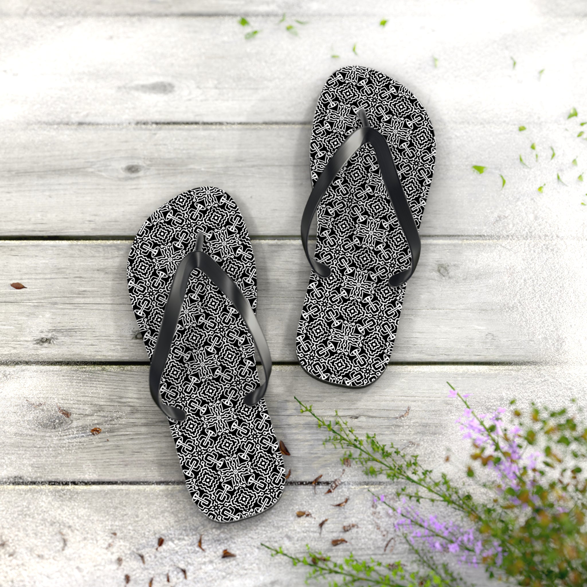 Monochrome Geometric Flip Flops — Black & White Aztec Pattern Beach Sandals #d98646