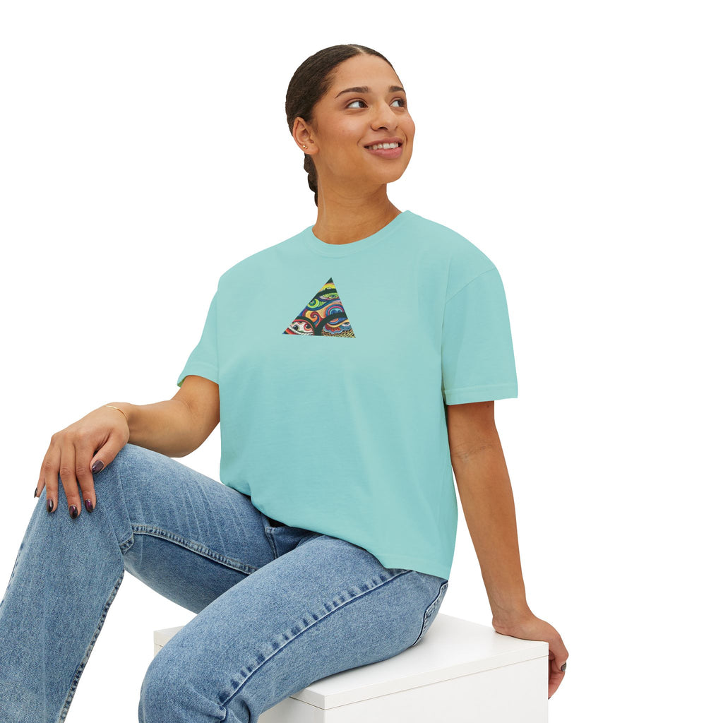 Women's Boxy Tee with Abstract Colorful Triangle (Front) & Heart (Back) Art — Casual Graphic Crop Top #hd9859