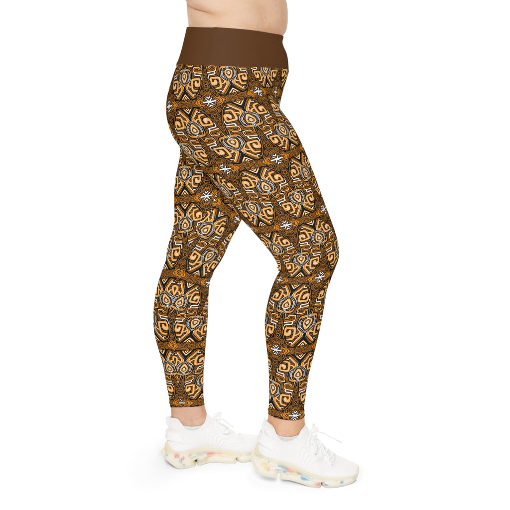 Plus Size Aztec Pattern Leggings — Brown Tribal All-Over Print #fdg6598