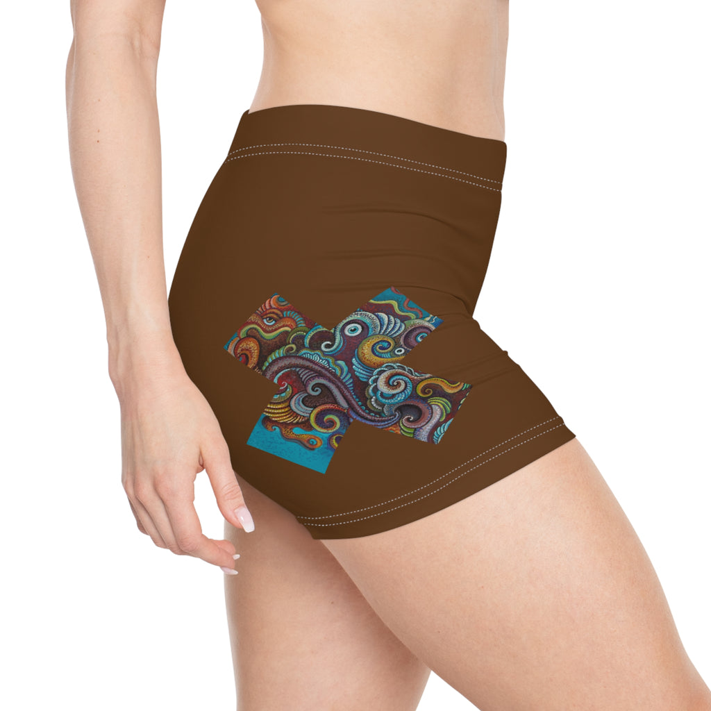 Women's Shorts — Brown Boho Swirl Accent Active Shorts #s09466