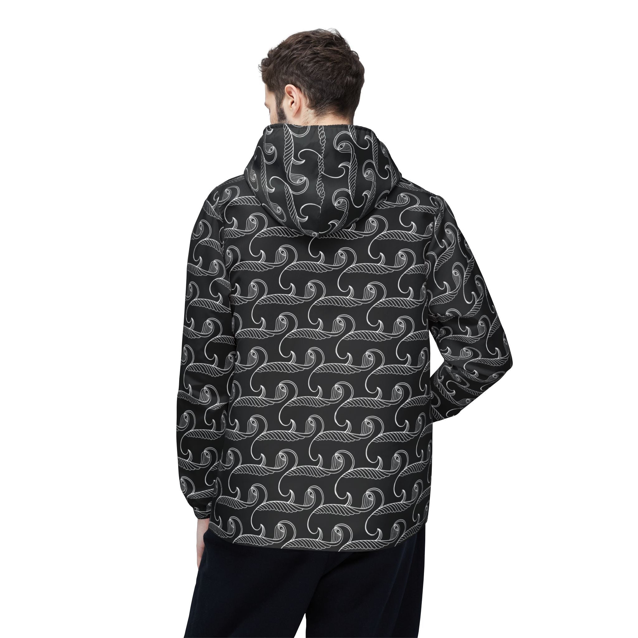 Wave Pattern Windbreaker Jacket — Monochrome Swirl All-Over Print #x7539