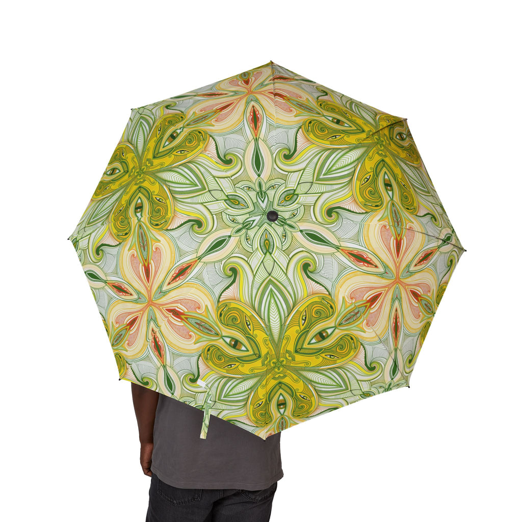 Floral Kaleidoscope Foldable Umbrella – Green & Peach Semi-Automatic Travel Umbrella #a11