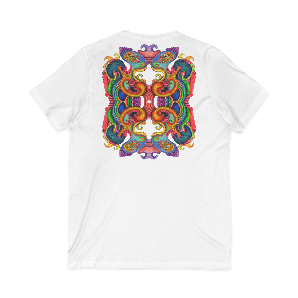 Psychedelic Keyhole V-Neck Tee — Colorful Abstract Back Art  #h975468