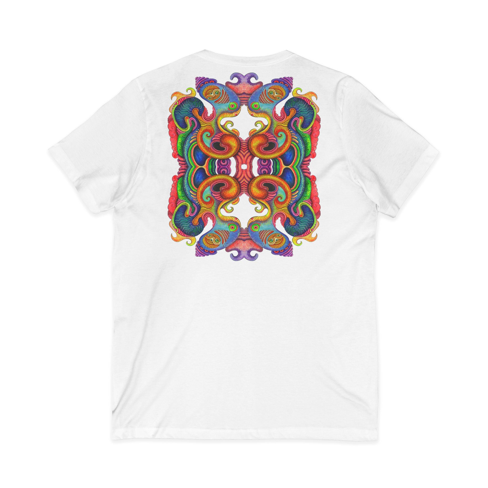Psychedelic Keyhole V-Neck Tee — Colorful Abstract Back Art  #h975468