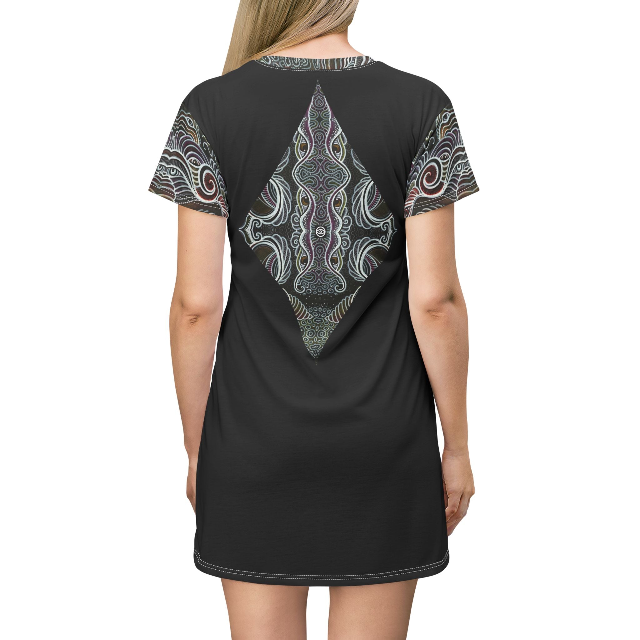 Bohemian Triangle T-Shirt Dress — Black Geometric AOP Pattern #bg5429