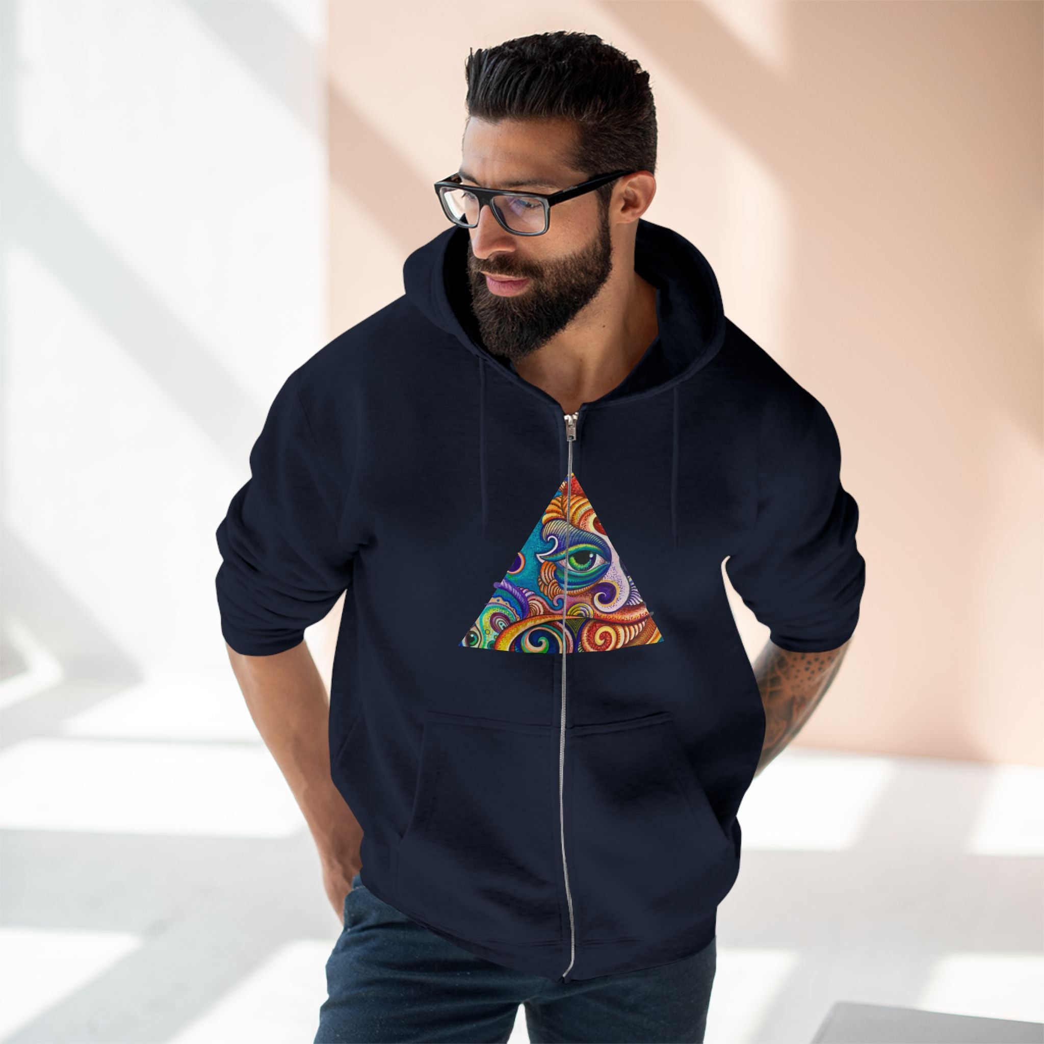 Zip Hoodie with Colorful Psychedelic Triangle & Mandala Back — Vibrant Abstract Art Zip-Up  #cp2680