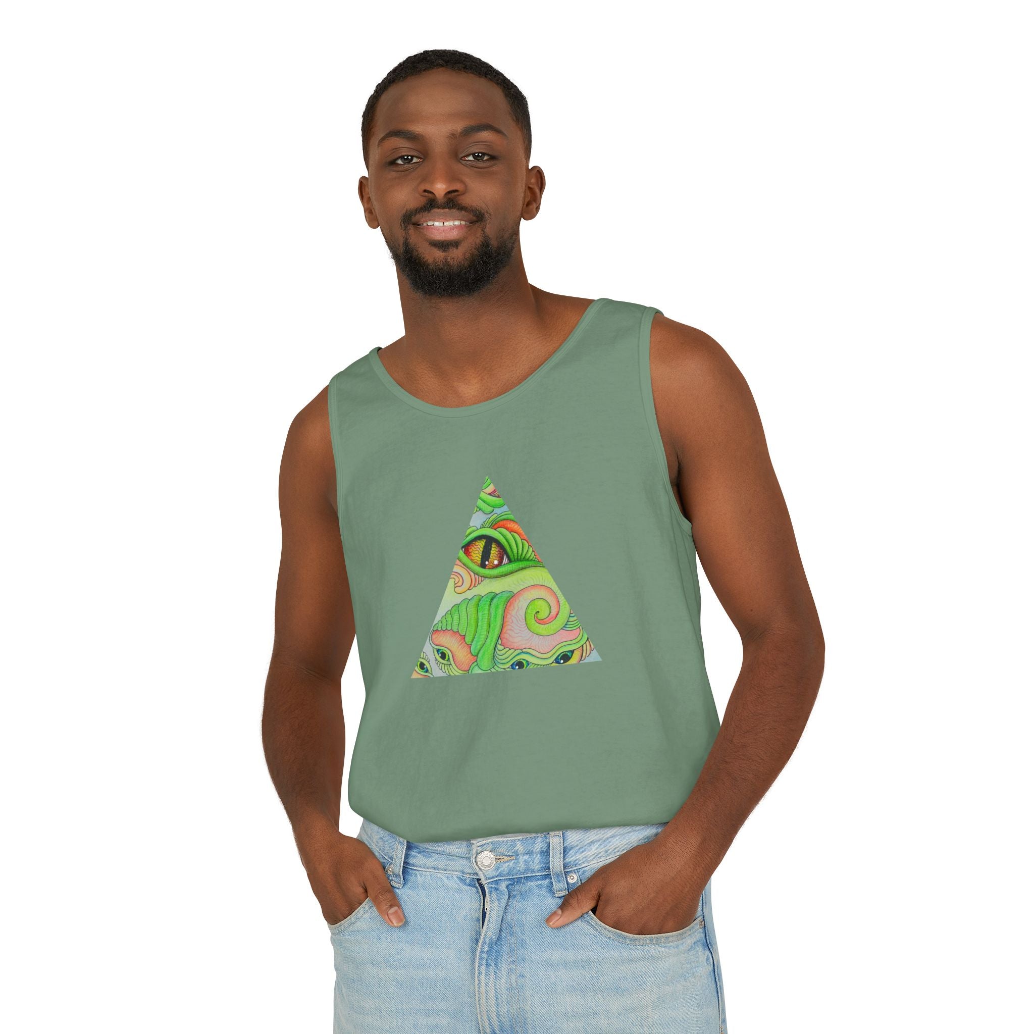 Psychedelic Triangle Tank Top — Green Swirl Eye Graphic #hg772225566