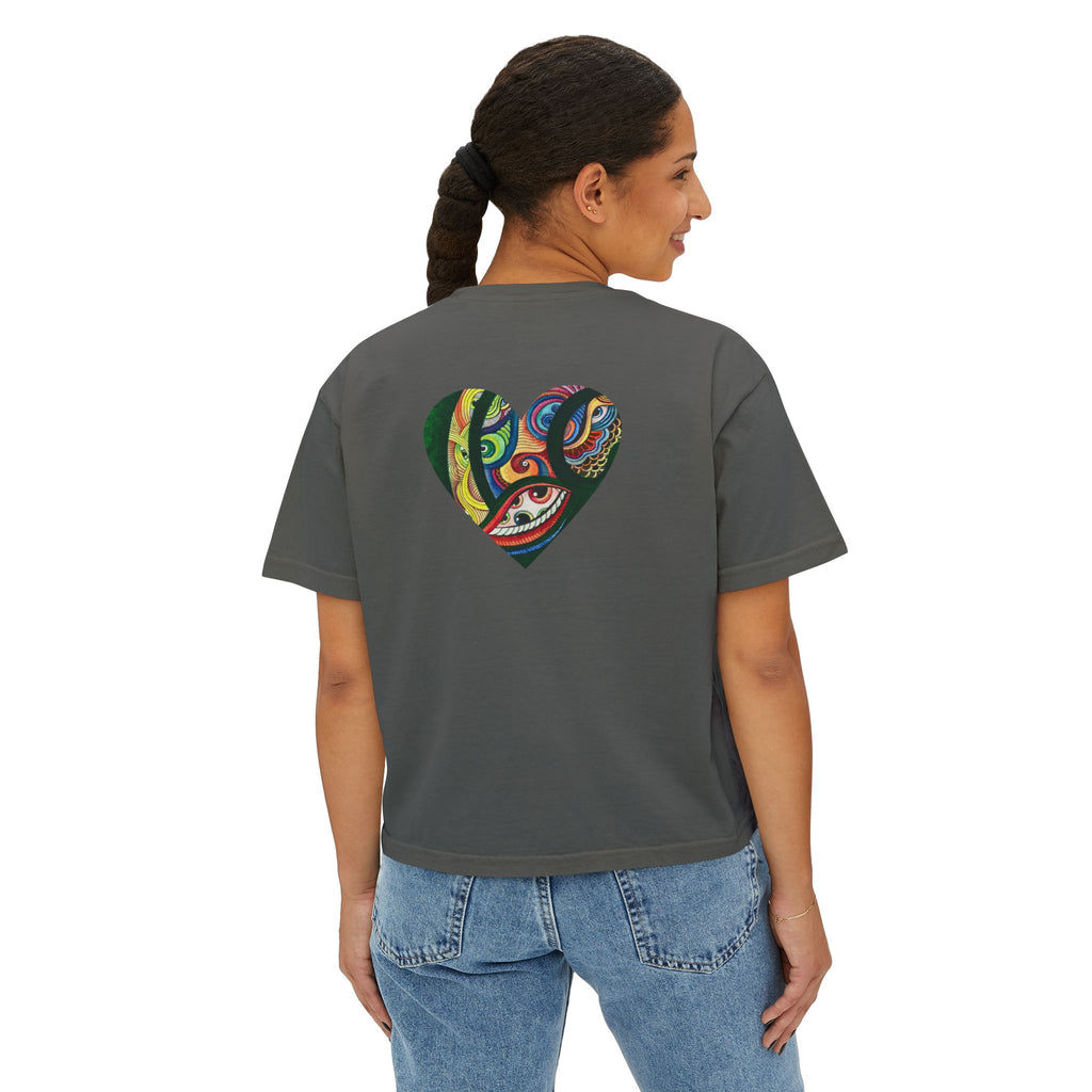 Women's Boxy Tee with Abstract Colorful Triangle (Front) & Heart (Back) Art — Casual Graphic Crop Top #hd9859