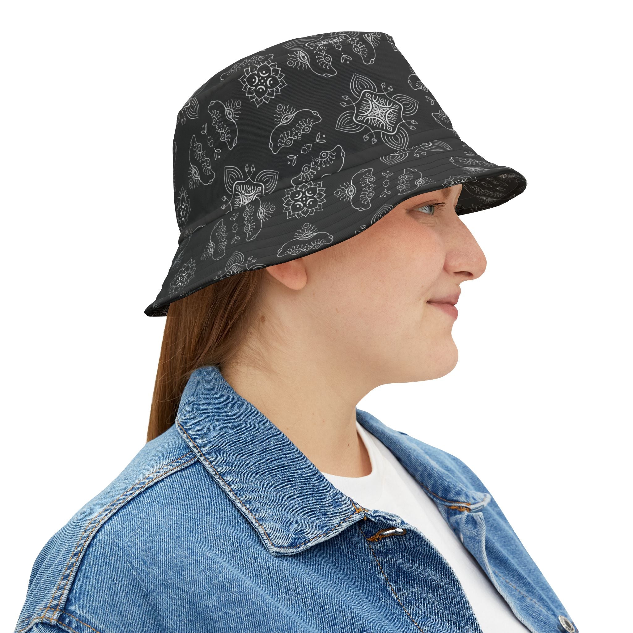 Black Paisley Pattern Bucket Hat - All-Over Print Casual Streetwear #j987557