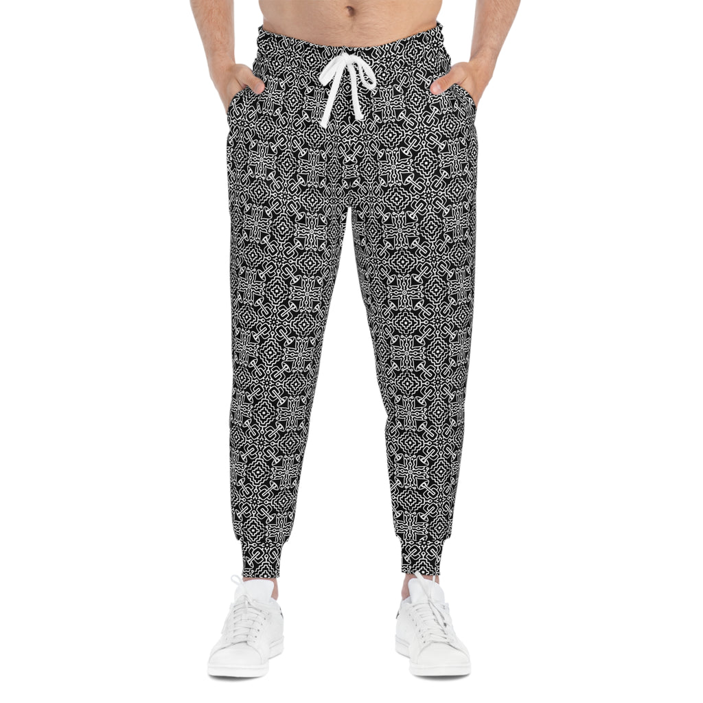 Black & White Geometric Pattern Joggers — All-Over-Print Athletic Pants #h98647
