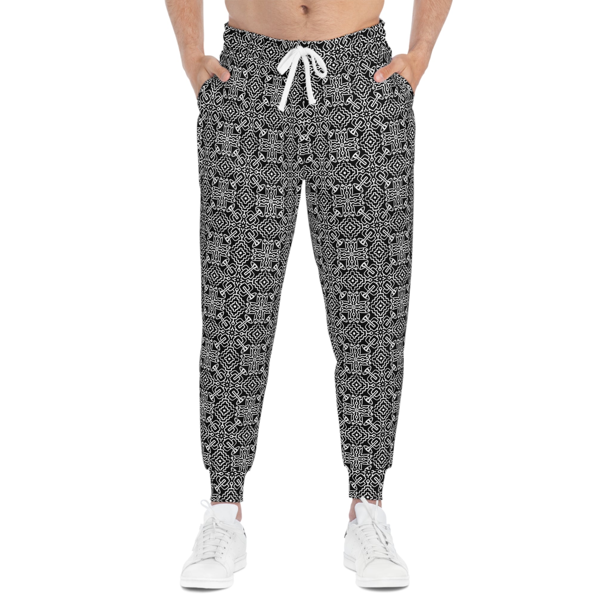 Black & White Geometric Pattern Joggers — All-Over-Print Athletic Pants #h98647