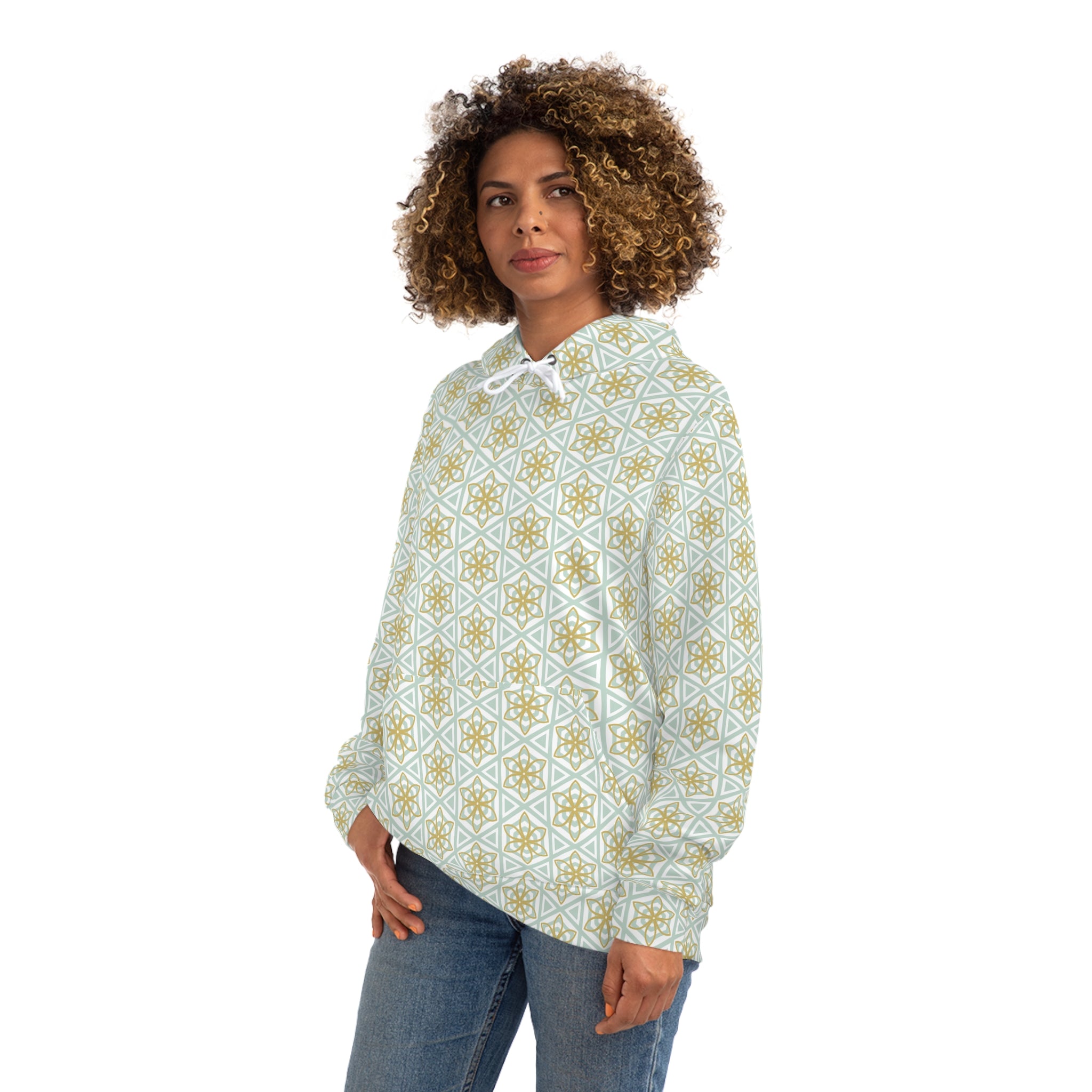 Geometric Star Pattern Hoodie — Gold & Mint All-Over Print #u356782