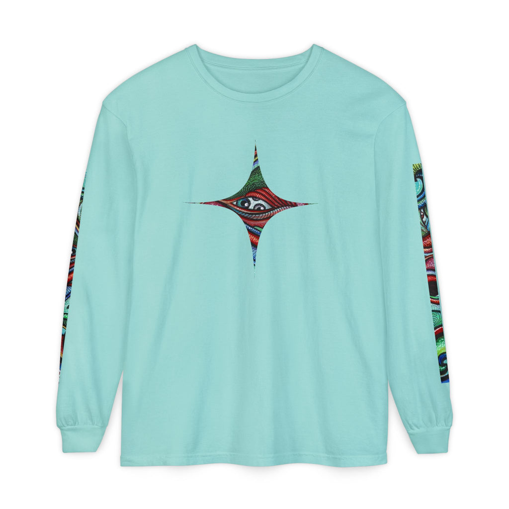 Psychedelic Starburst Long Sleeve Tee — Colorful Eye & Sleeve Stripe Design #k976344