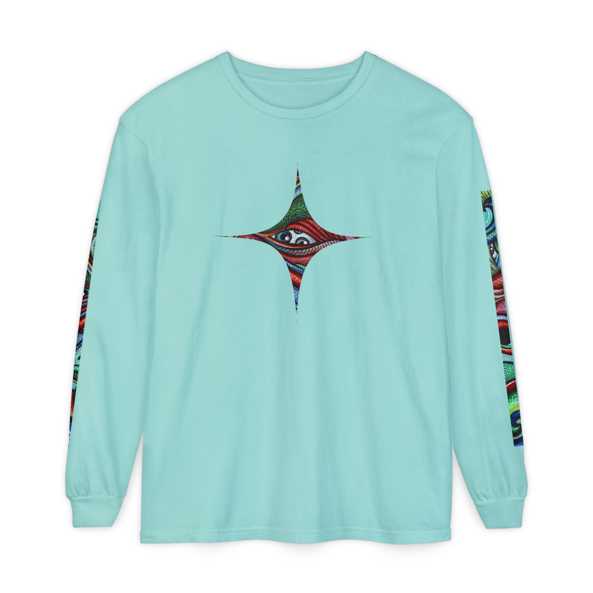 Psychedelic Starburst Long Sleeve Tee — Colorful Eye & Sleeve Stripe Design #k976344