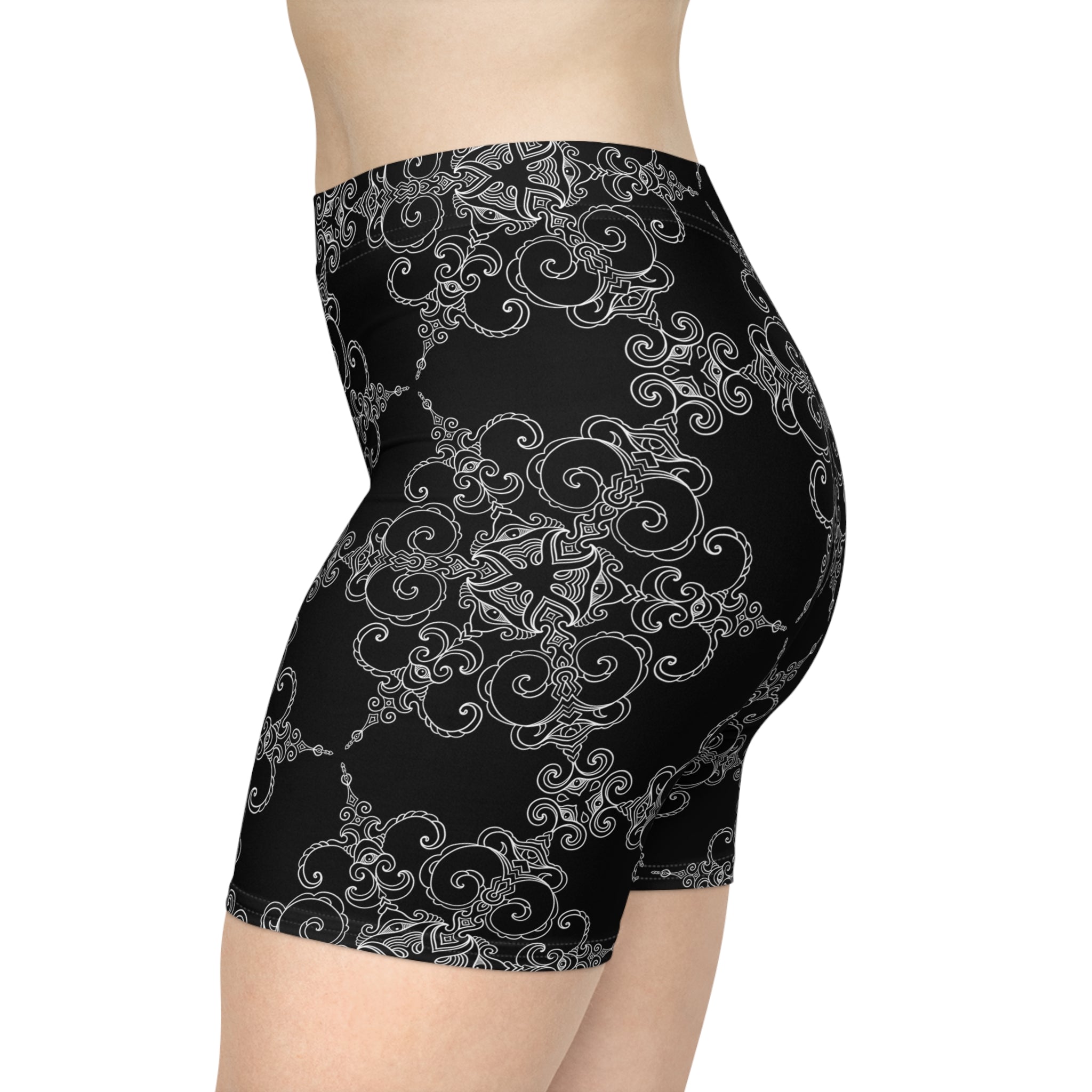 Mandala Lace Biker Shorts — Black Floral Kaleidoscope Women’s Activewear #g65467