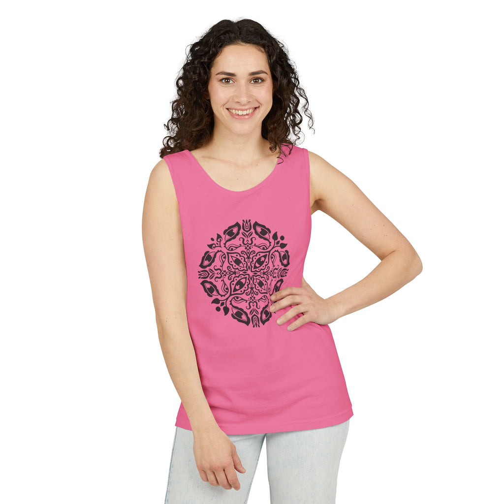 Boho Mandala Tank Top — Black Floral Circular Graphic Tank #fr3