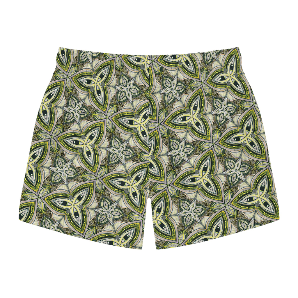 Green Celtic Tile Swim Trunks — All-Over-Print Patterned Beach Shorts #r332216
