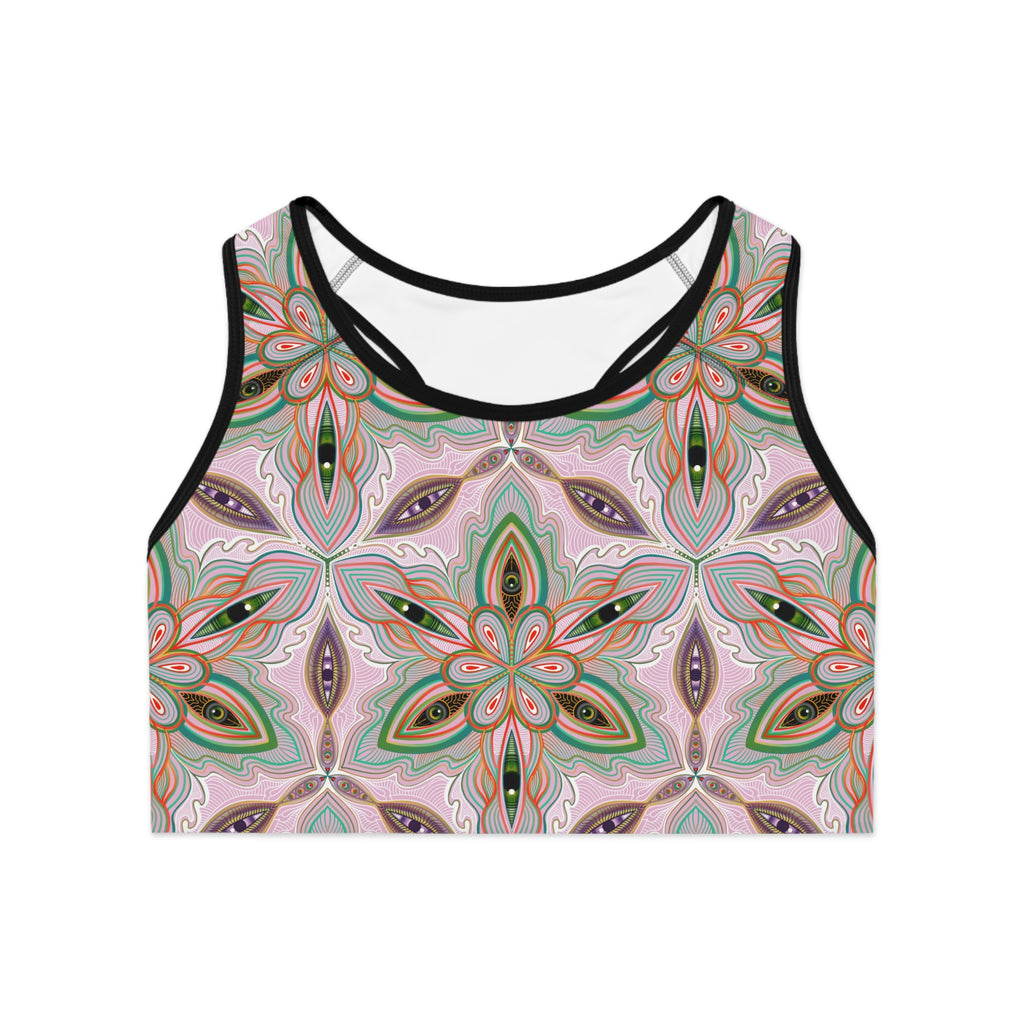 Floral Mandala Sports Bra — Pink Green All-Over Print Activewear #h00532