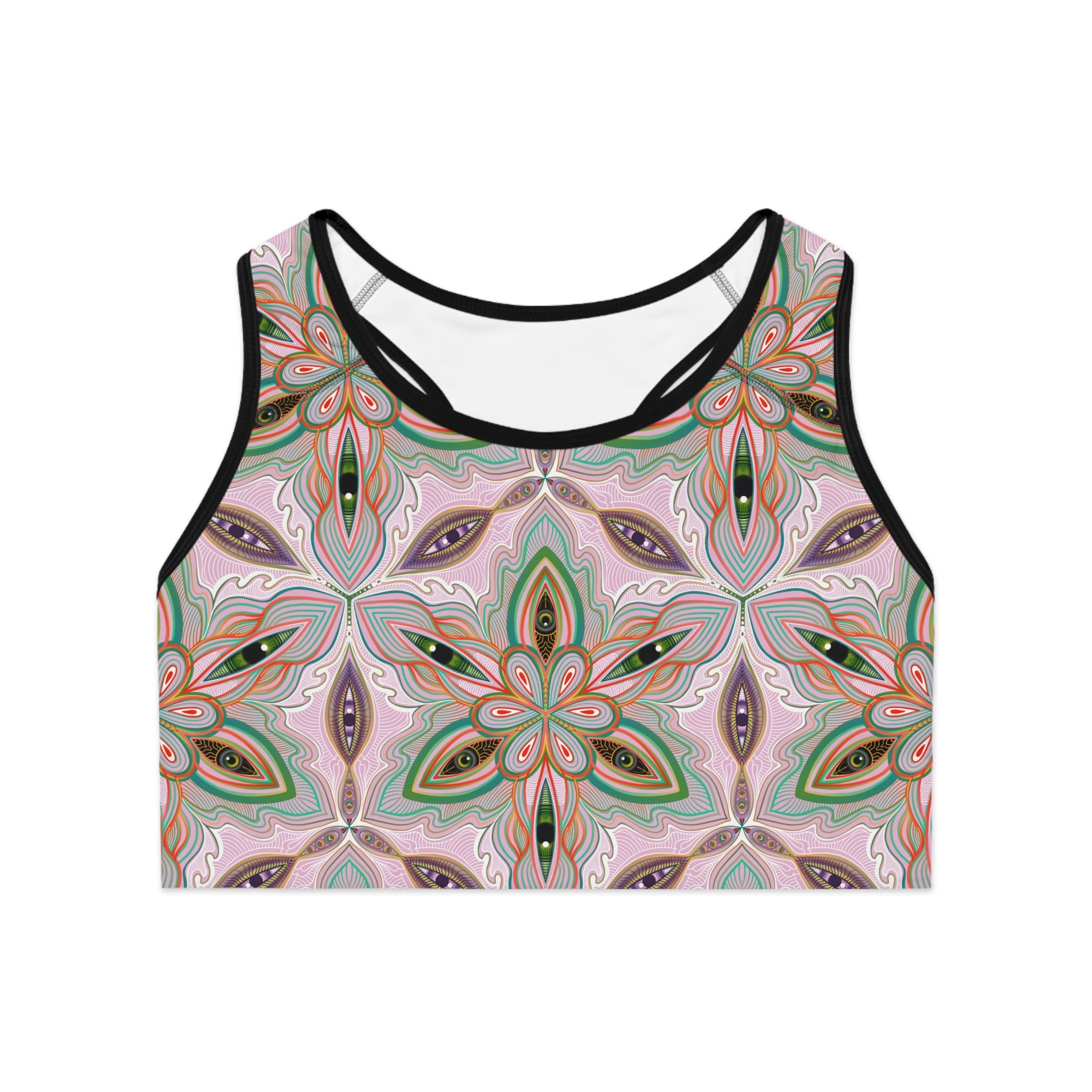 Floral Mandala Sports Bra — Pink Green All-Over Print Activewear #h00532