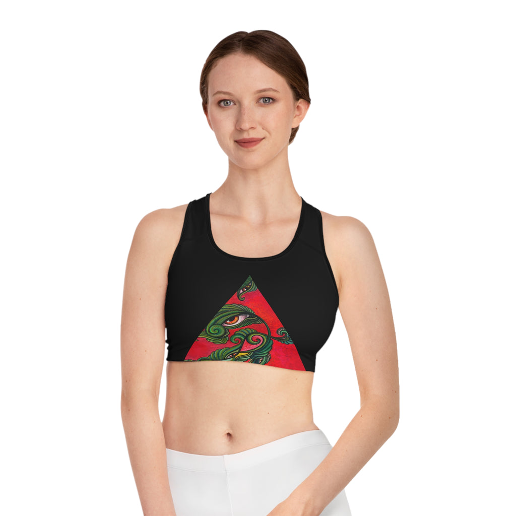 Tribal Eye Triangle Sports Bra – Red & Green Botanical Tribal Design #df28653