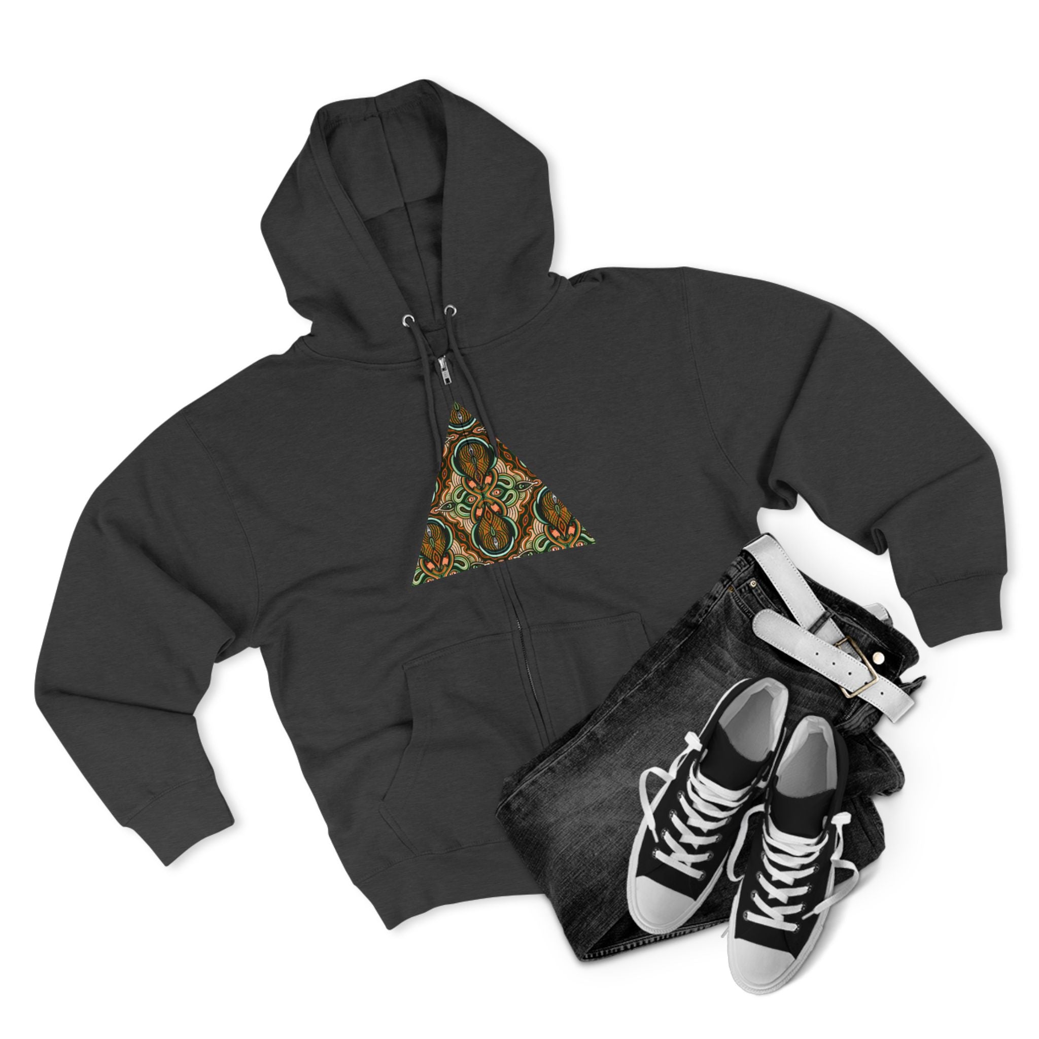 Geometric Tribal Pattern Zip Hoodie — Earthy Mandala Triangle & Circle Design #zh137