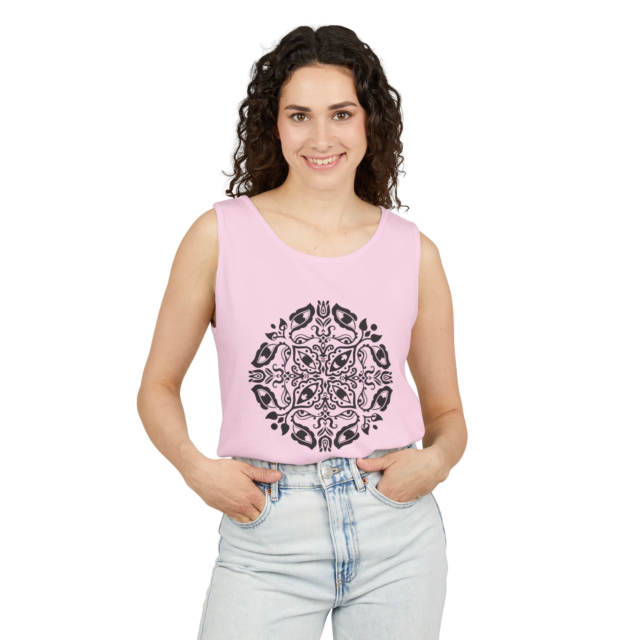 Boho Mandala Tank Top — Black Floral Circular Graphic Tank #fr3