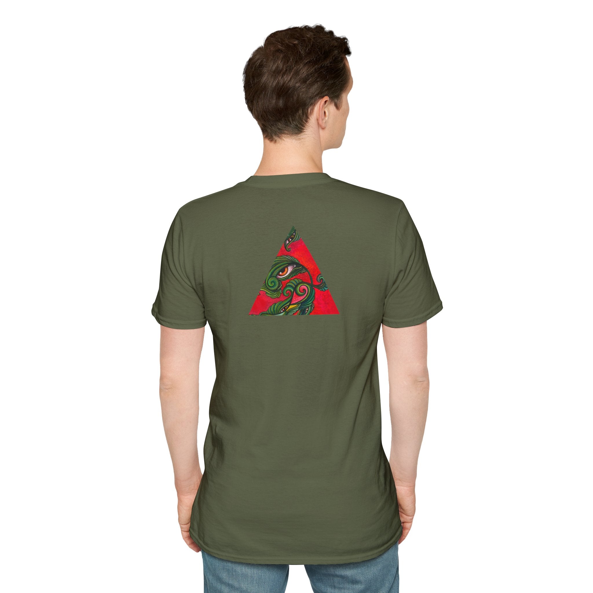 Geometric Tribal Eye Tee — Abstract Red & Green Triangle Graphic T-Shirt #sx432177