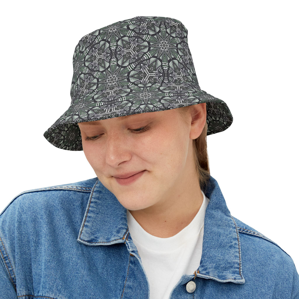 Kaleidoscope Tile Bucket Hat — Green Geometric AOP Sun Hat #jf9754