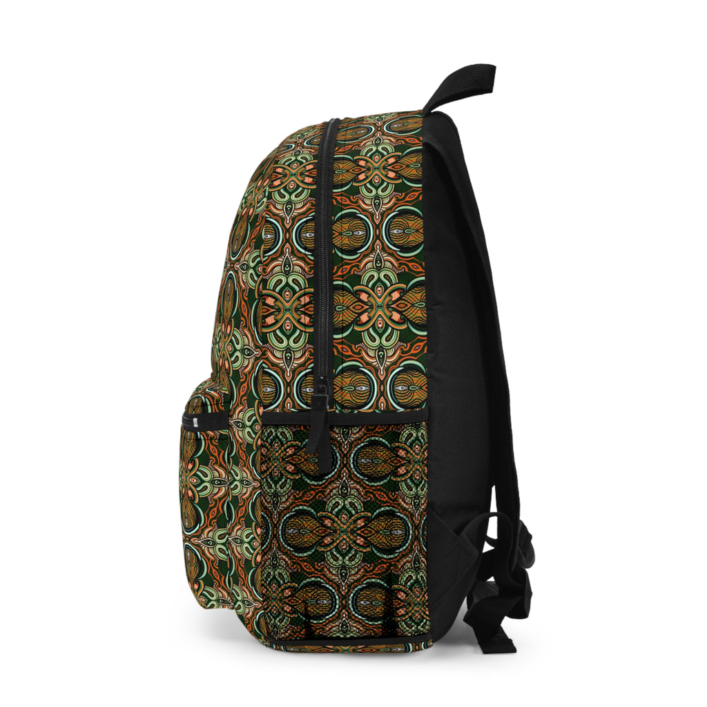 Vintage Mosaic Backpack — Earthy Green Boho Pattern School & Travel Bag #h0864