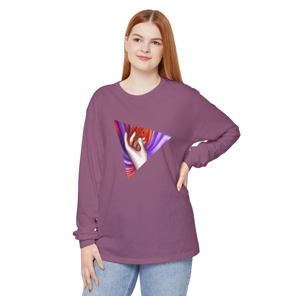 Long Sleeve T-Shirt — Triangular Hand Art Graphic (White) #sh26774