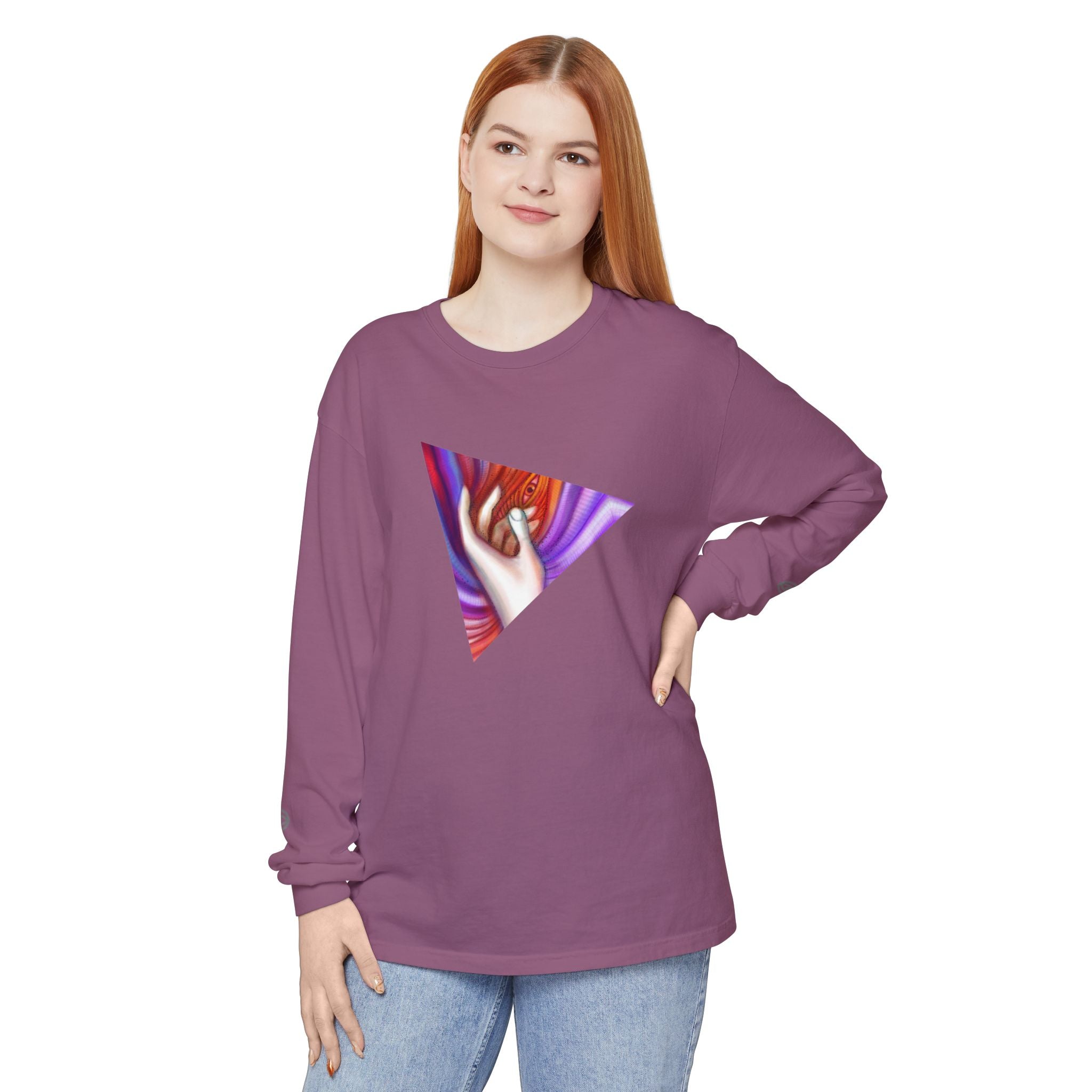 Long Sleeve T-Shirt — Triangular Hand Art Graphic (White) #sh26774