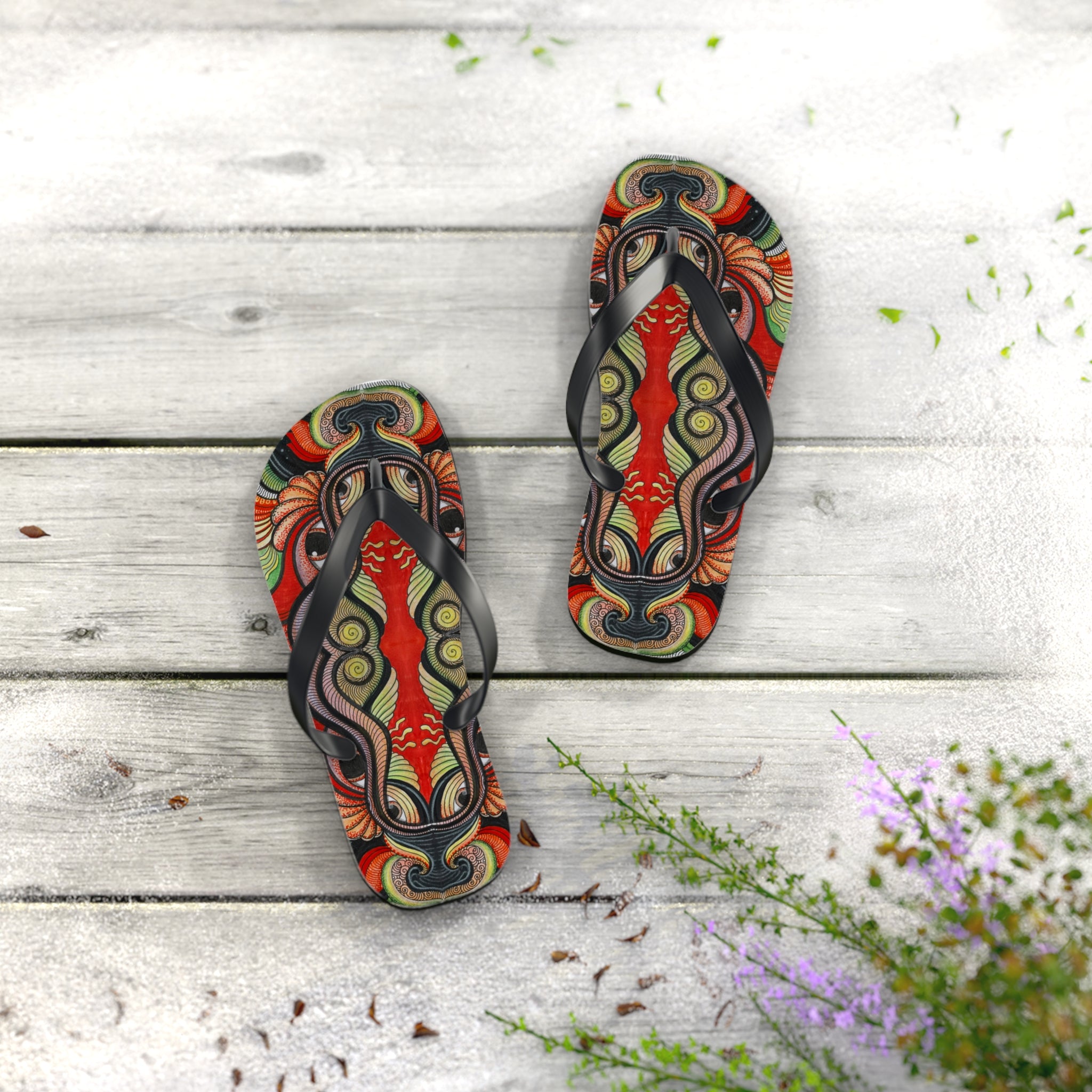 Boho Tribal Floral Flip Flops — Colorful Psychedelic Summer Sandals #f
