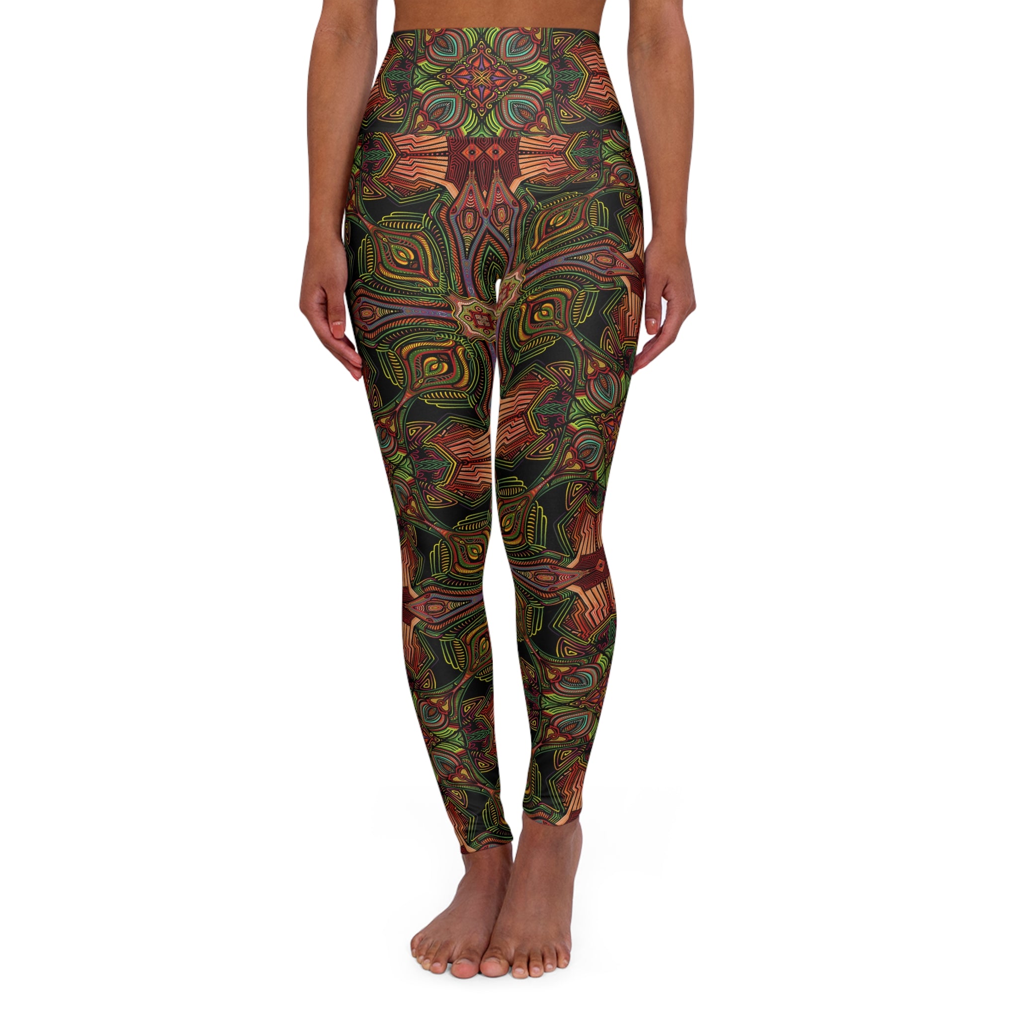 High-Waist Yoga Leggings — Earthy Kaleidoscope Pattern #q345