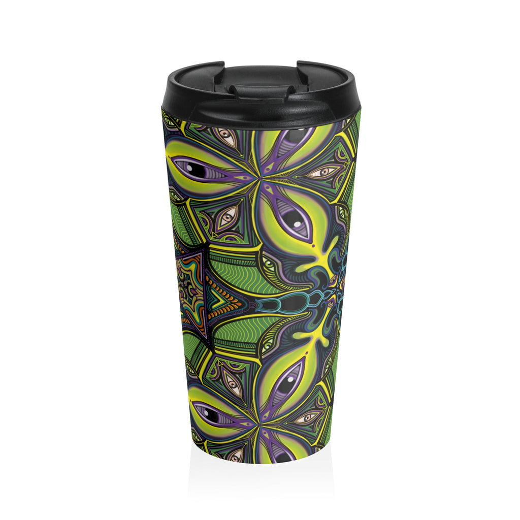 Green Psychedelic Floral Stainless Steel Travel Mug — Insulated Kaleidoscope Design