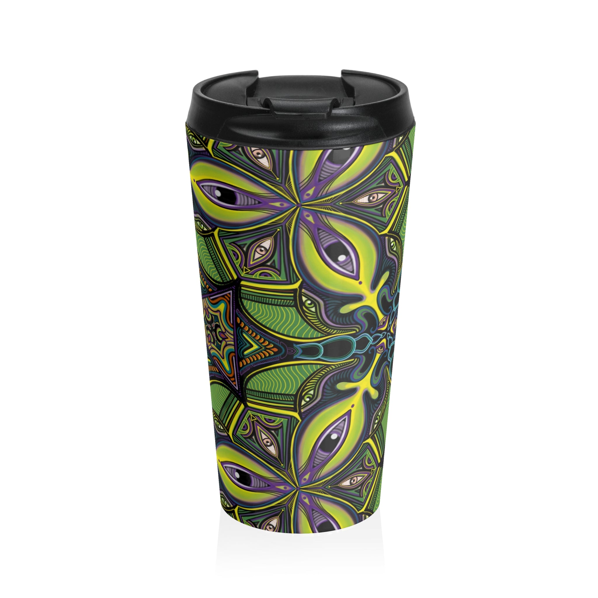 Green Psychedelic Floral Stainless Steel Travel Mug — Insulated Kaleidoscope Design