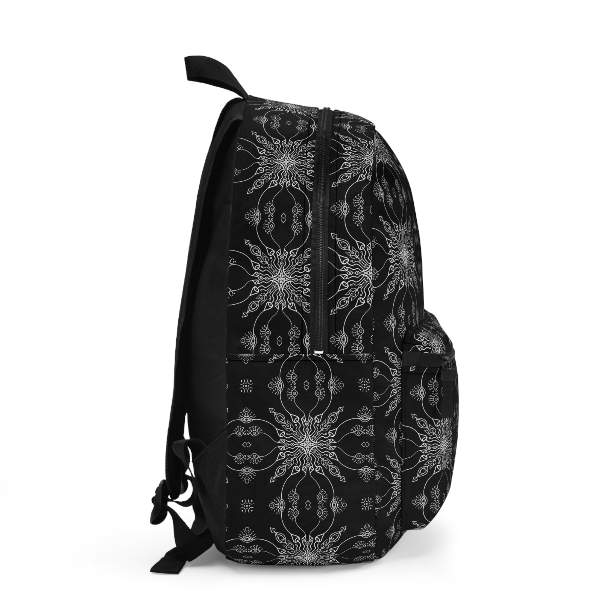 Black Kaleidoscope Pattern Backpack — Gothic Floral Daypack #x863568