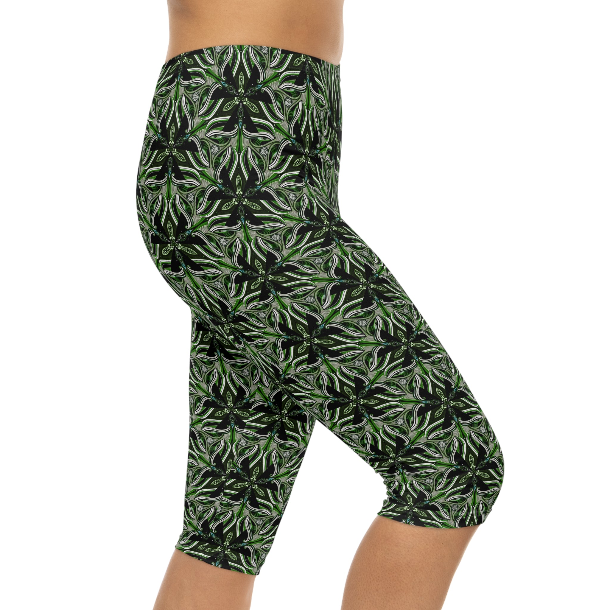 Capri Leggings — Green Botanical Kaleidoscope Print #CL1
