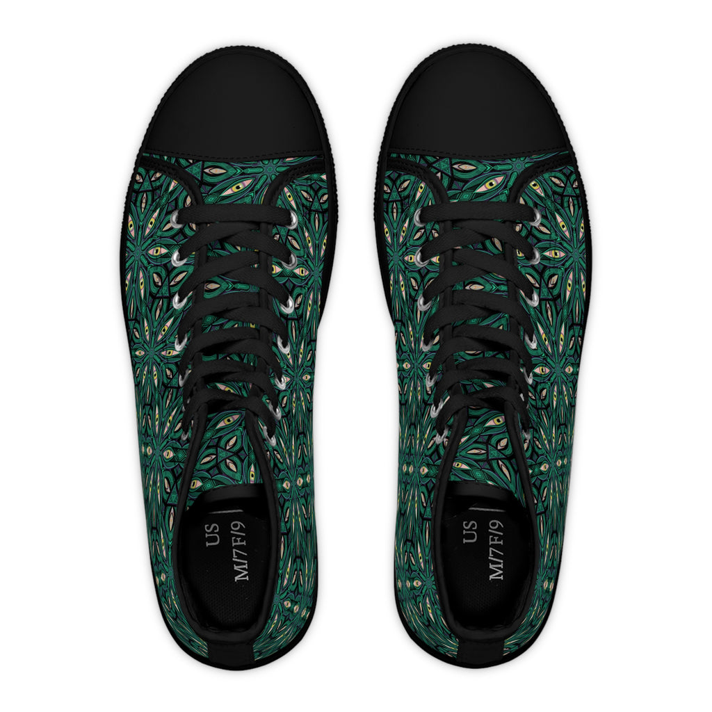 Green Floral Kaleidoscope High Top Sneakers — Women's Patterned Canvas Shoes #jfs8843