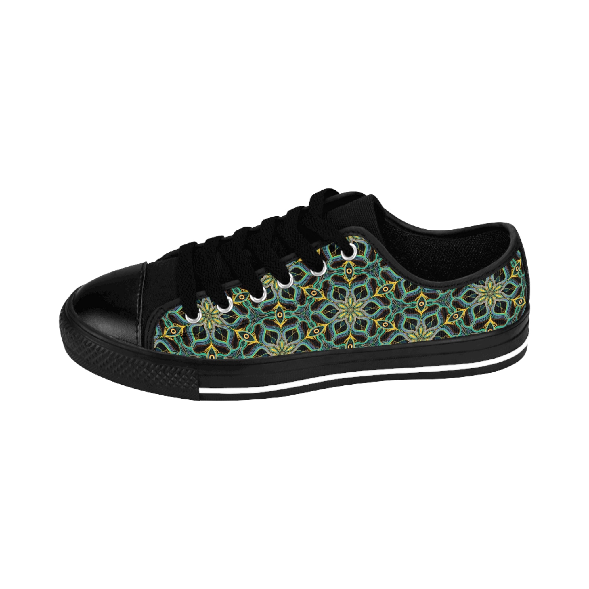 Women's Floral Kaleidoscope Sneakers — Green Patterned Canvas Shoes #kf9854