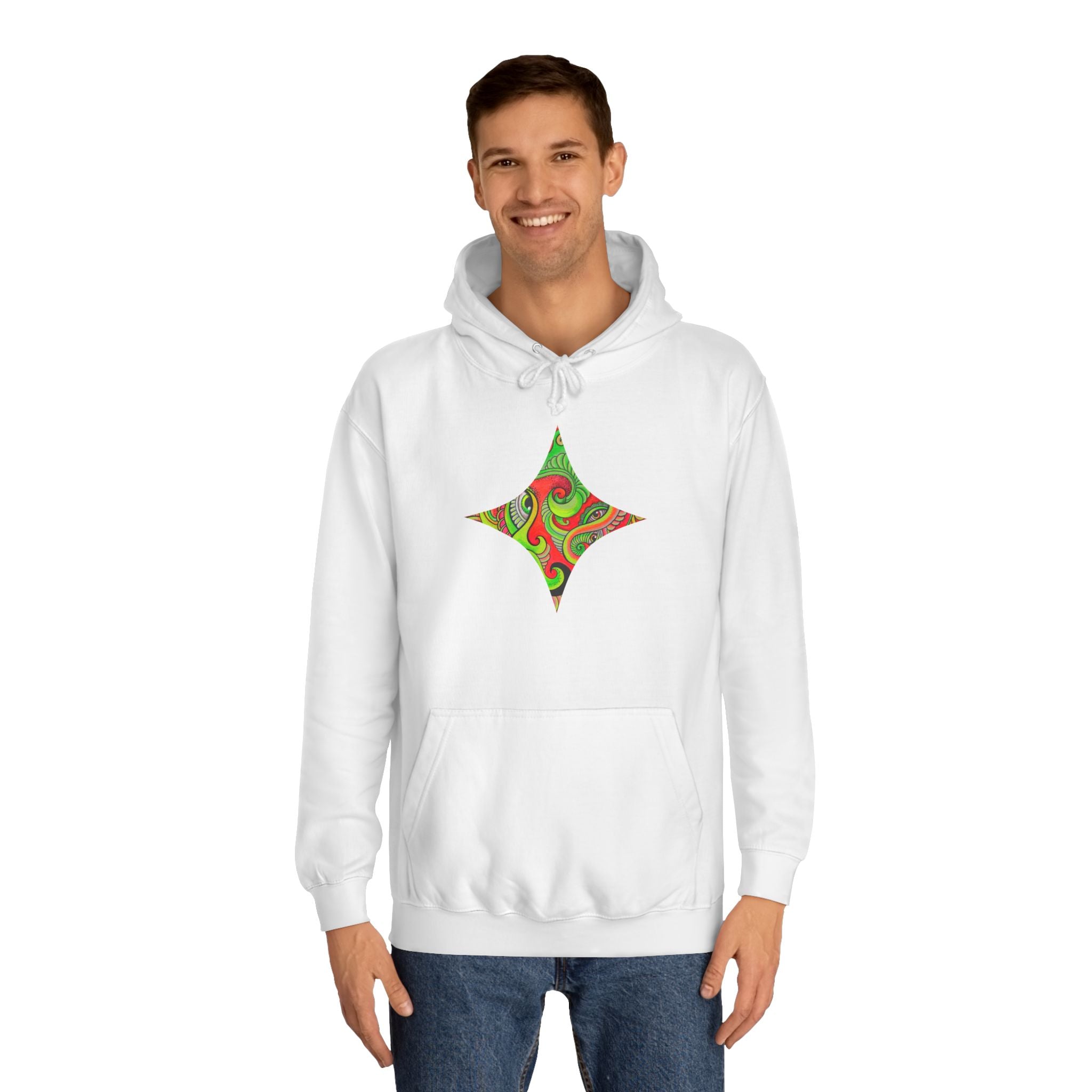 Psychedelic Swirl Hoodie — Retro Green & Red Abstract Graphic #f987456