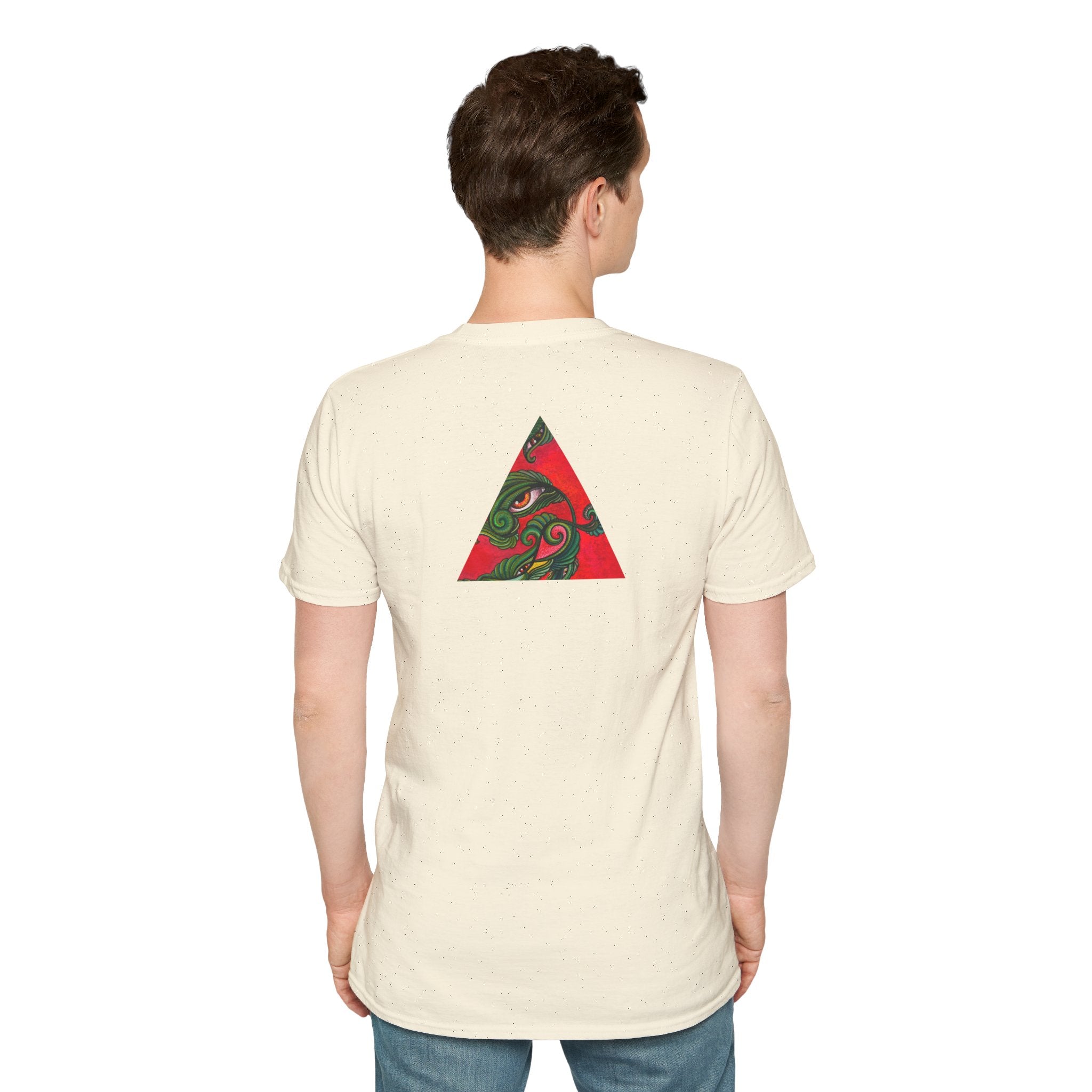 Geometric Tribal Eye Tee — Abstract Red & Green Triangle Graphic T-Shirt #sx432177