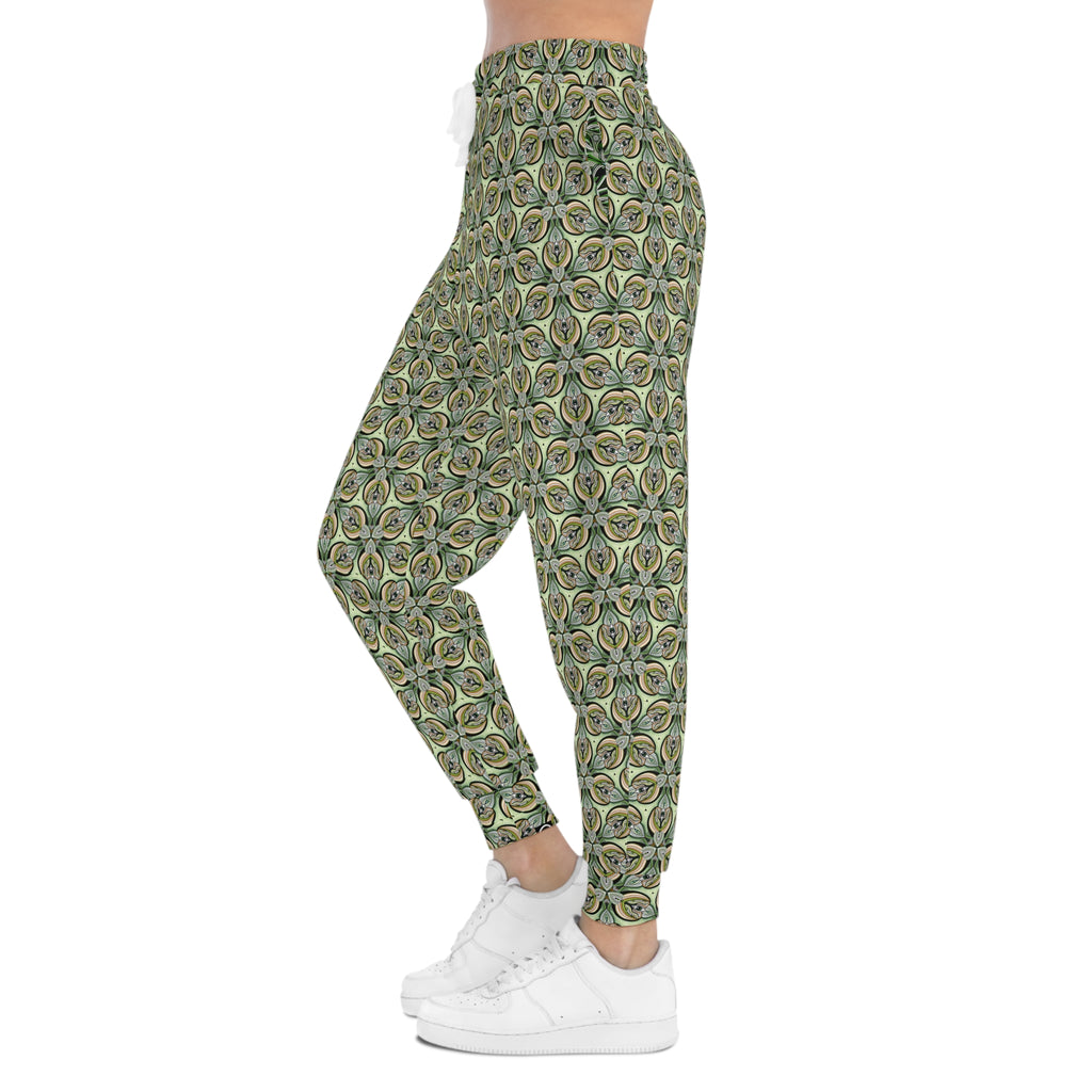 Green Geometric Leaf Pattern Joggers – All-Over Print Athletic Sweatpants #sp2