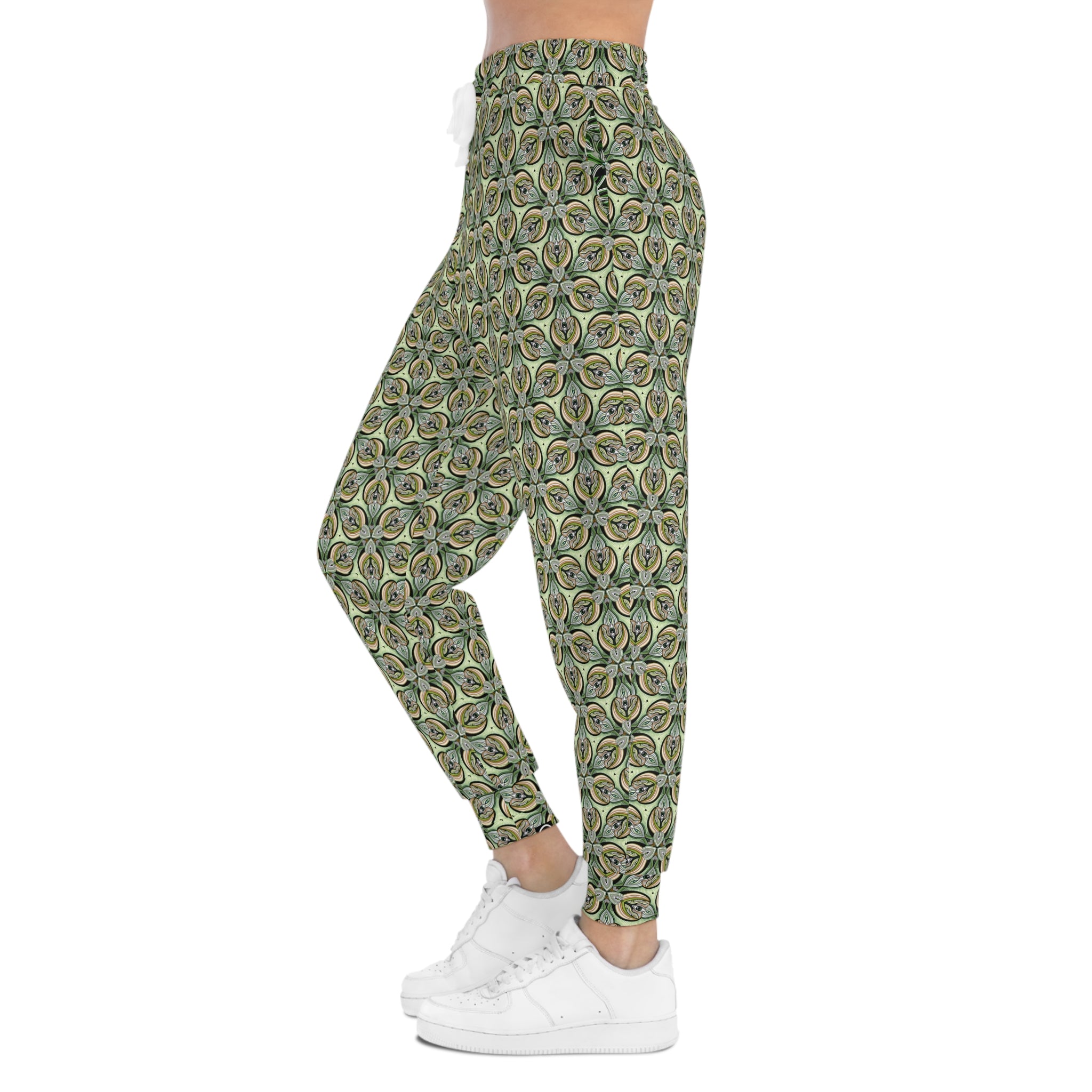 Green Geometric Leaf Pattern Joggers – All-Over Print Athletic Sweatpants #sp2