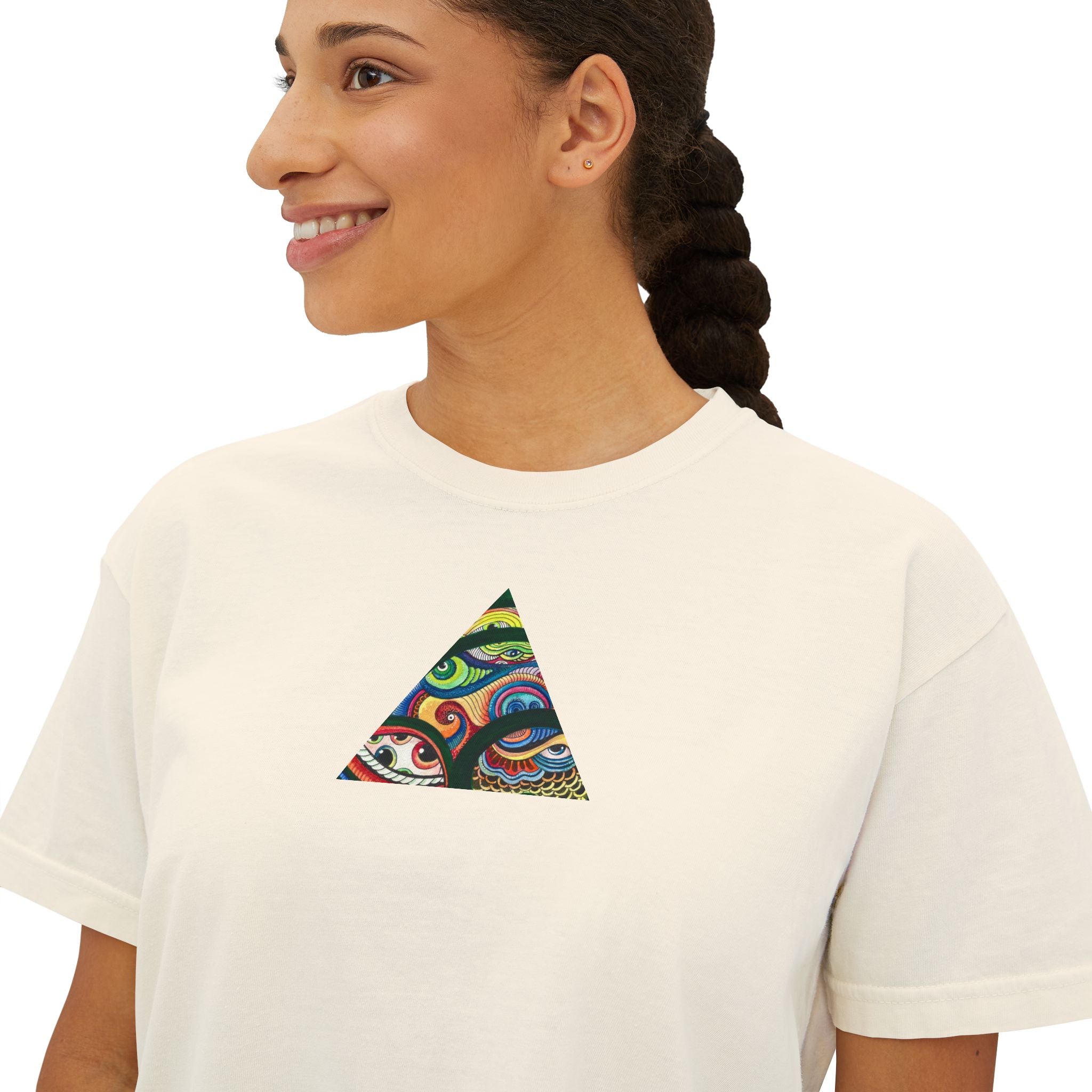 Women's Boxy Tee with Abstract Colorful Triangle (Front) & Heart (Back) Art — Casual Graphic Crop Top #hd9859