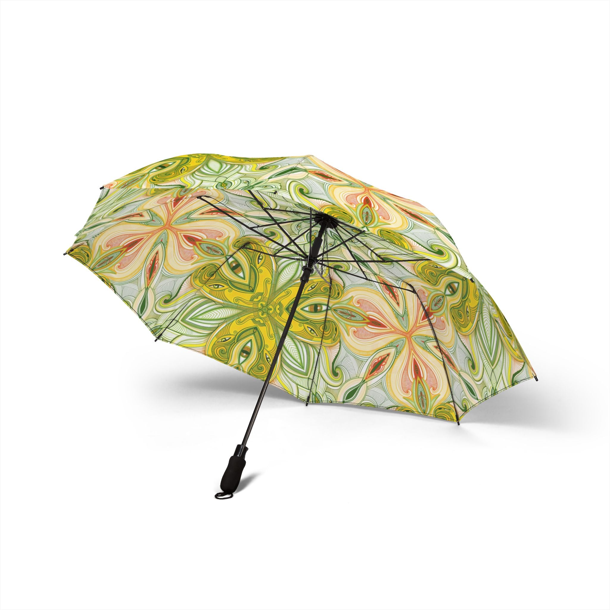 Floral Kaleidoscope Foldable Umbrella – Green & Peach Semi-Automatic Travel Umbrella #a11