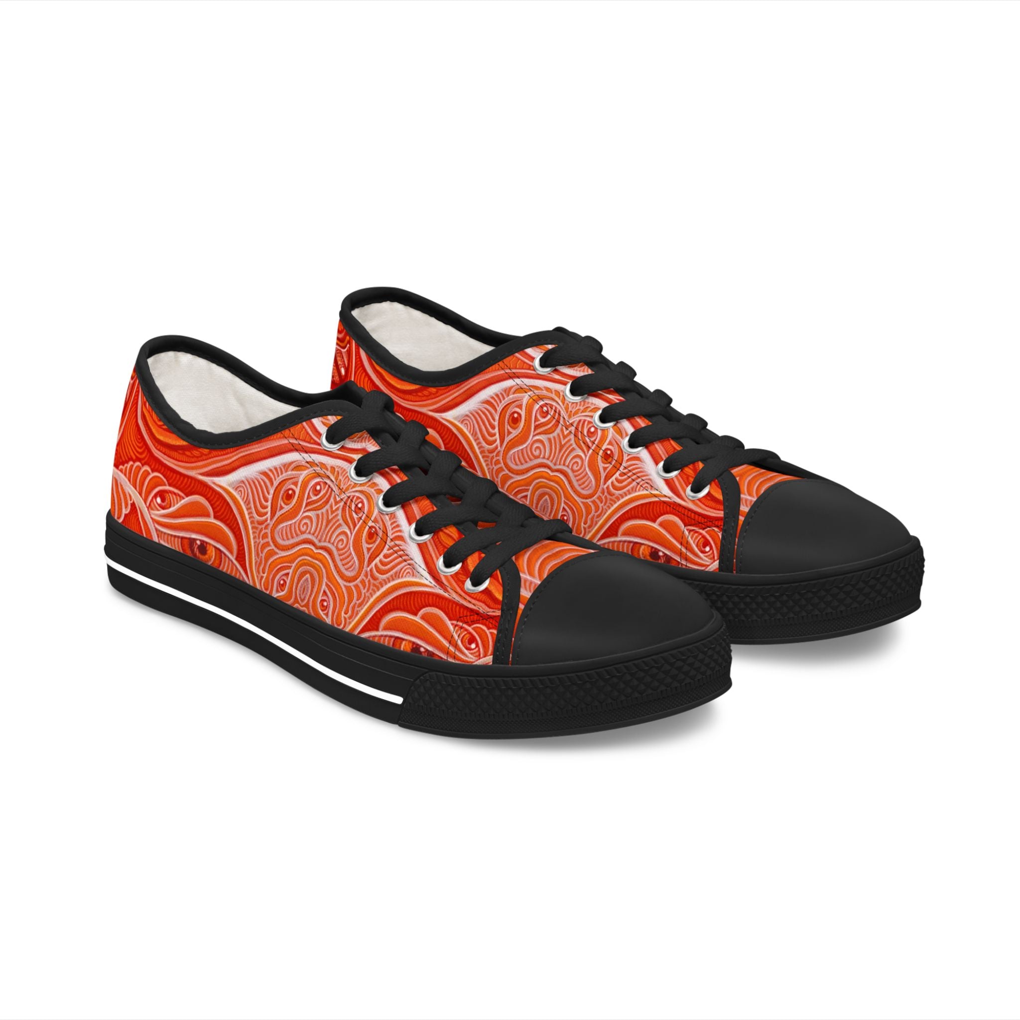 Women's Low Top Sneakers — Red Abstract Swirl Canvas Shoes, Artistic Casual Lace-Up Trainers #d00422