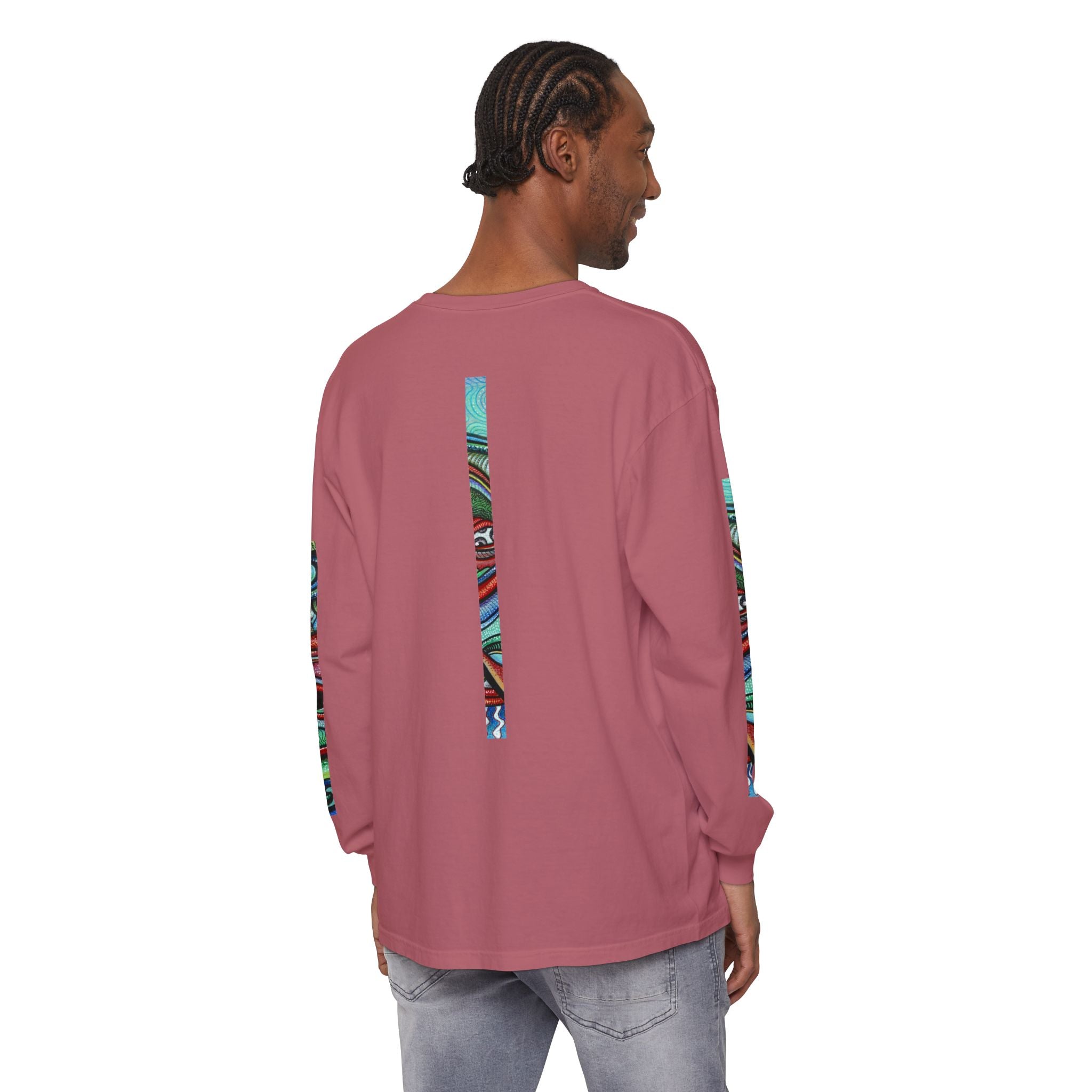 Psychedelic Starburst Long Sleeve Tee — Colorful Eye & Sleeve Stripe Design #k976344