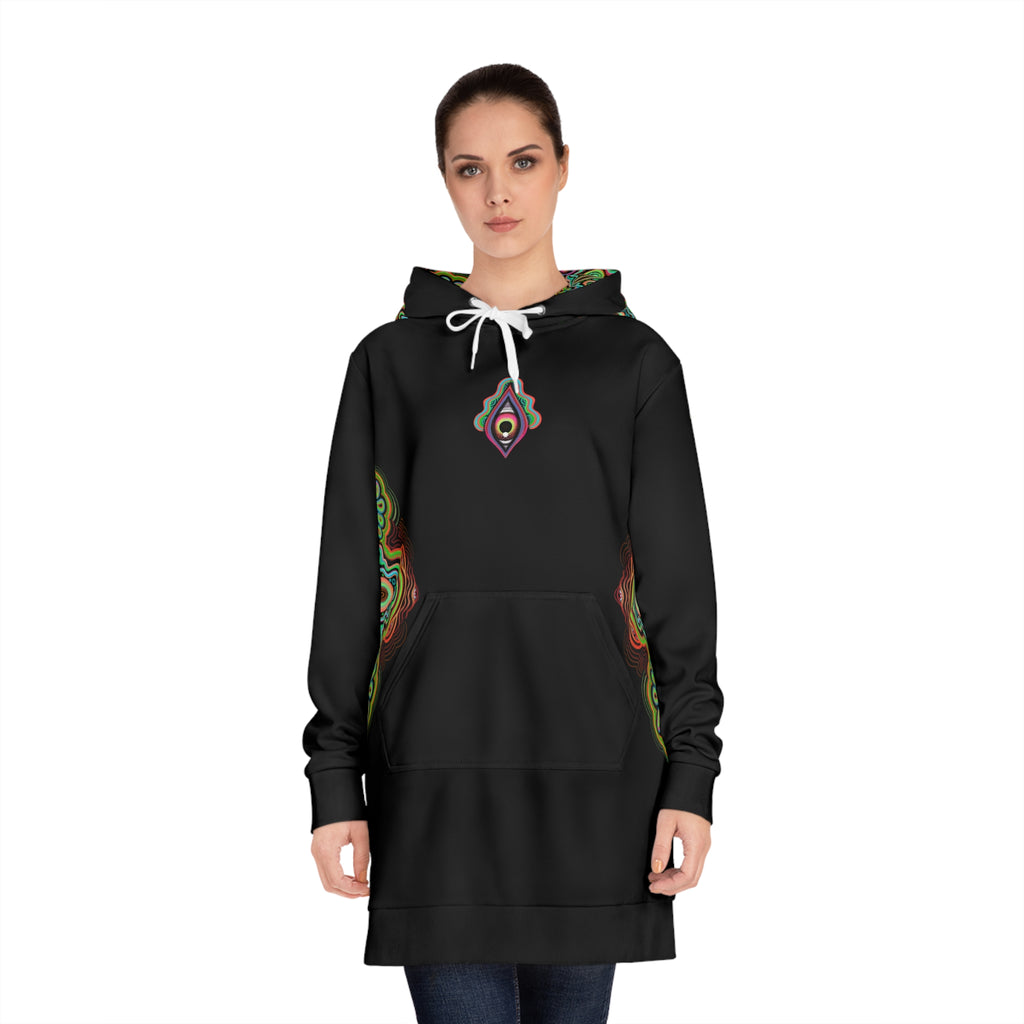 Mandala Glow Hoodie Dress - Women's Black AOP Pullover #hd4
